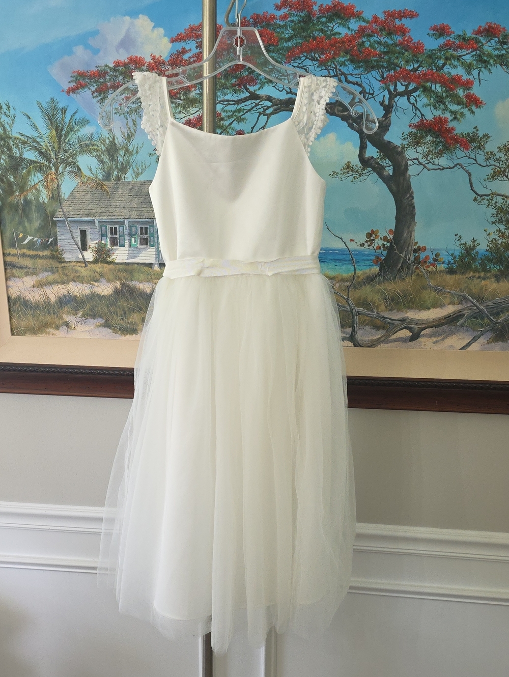 David's Bridal White Flower Girl Tulle Dress with Lace Straps